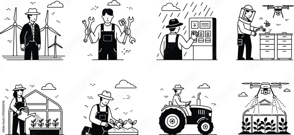 Obraz premium modern agriculture technology and farmer activities set, smart farming with drone irrigation greenhouse wind energy tractor illustration, sustainable agriculture vector collection