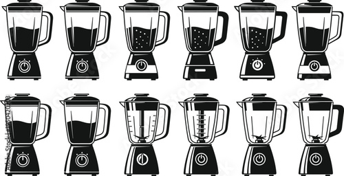 Kitchen blender silhouettes set, electric mixer appliance collection, smoothie maker and food processor icons, modern kitchen equipment vector illustration isolated on white background