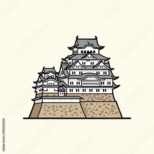 A cartoon depiction of a Japanese castle, showcasing intricate architectural details and multiple tiers with curved roofs. The castle stands on a stone base