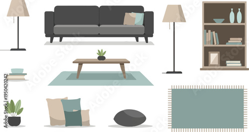 Minimalist living room items sofa, tables, lamps, rug, bookshelf