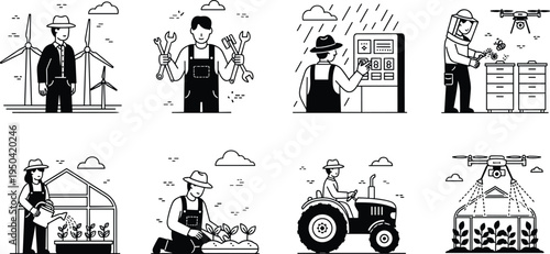 modern agriculture technology and farmer activities set, smart farming with drone irrigation greenhouse wind energy tractor illustration, sustainable agriculture vector collection