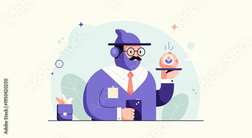 Cartoon server in purple suit, holding food on tray, using phone