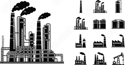 oil refinery and industrial factory silhouettes set, petrochemical plant chimneys storage tanks and pumpjack icons, heavy industry energy production vector collection