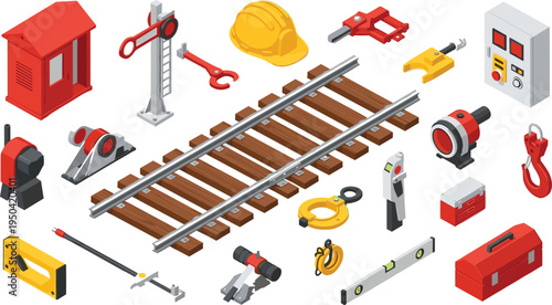Railway construction tools and rail track maintenance equipment set, engineering instruments, safety helmet and industrial railroad vector illustration collection