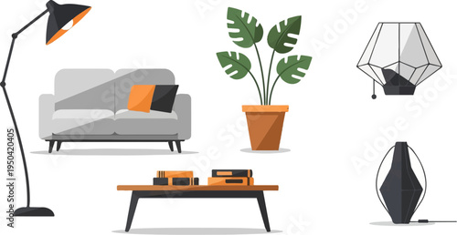 Modern living room elements couch, floor lamp, potted plant, coffee table, books, and lamps
