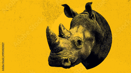 Black and yellow abstract art showing a rhino's head with stippling on a textured background