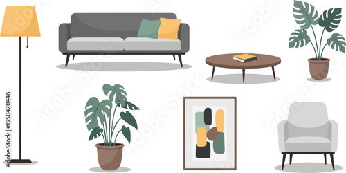 A cozy living room with a sofa, armchair, floor lamp, plants, and art