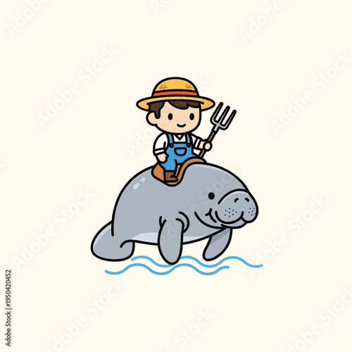 A cartoon farmer, wearing overalls and a straw hat, rides atop a friendly-looking sea cow, holding a pitchfork. Gentle waves ripple below