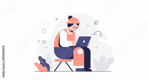 Person in hat and vest using laptop while sitting on stool