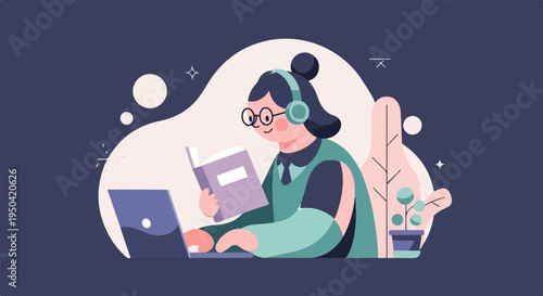 Person with headphones and glasses reads a book while using a laptop and a plant