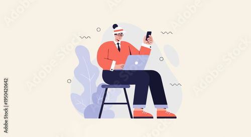 Person in bright outfit using laptop and phone on stool amidst stylized plants