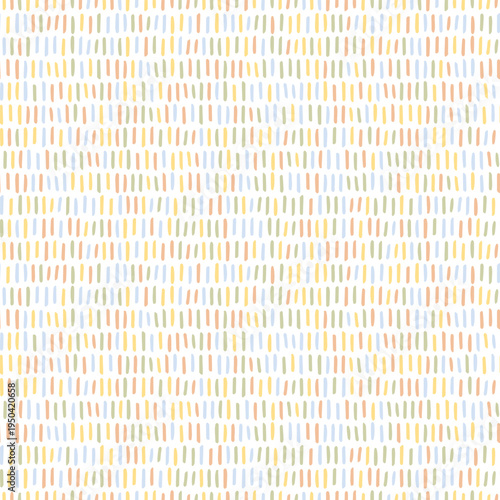 Seamless abstract pattern of small hand drawn dash strokes in pastel palette. Soft blue, yellow, green and peach lines on light background. Minimal vector texture for textile, wallpaper, packaging