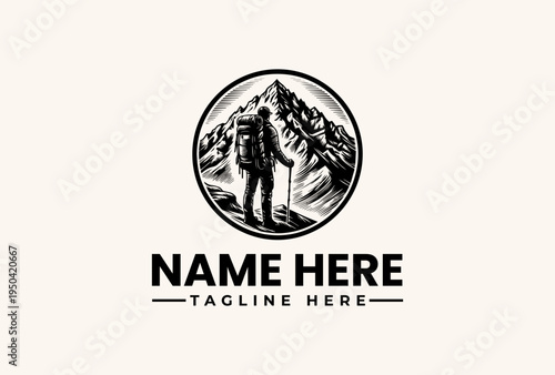 Black and white illustration of a hiker standing in front of mountains within a circular logo on a beige background with space for a name and tagline.