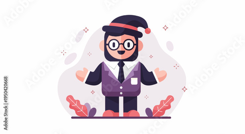 Cheerful cartoon character in formal attire with a festive hat