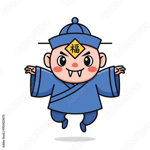 A cartoon depiction of a Jiangshi, also known as a hopping vampire, with fangs and blue robes against a white background. It has a yellow amulet