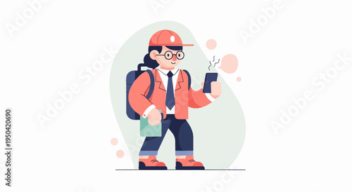 Stylized student wearing a backpack and glasses, using a smartphone