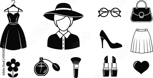 Fashion and beauty icons collection, dress, hat, glasses, handbag, skirt, high heel, flower, perfume, makeup brush, lipstick, heart