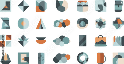 Abstract geometric shapes and objects in muted colors, a grid of icons