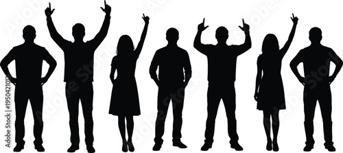 Silhouette group of people raising hands, unity celebration, diverse crowd, teamwork concept, expressive poses, black and white illustration, community spirit