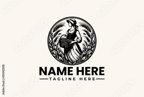 Black and white vector illustration of a woman in a circular logo with laurel wreaths and a placeholder text for a name and tagline on a clean background.
