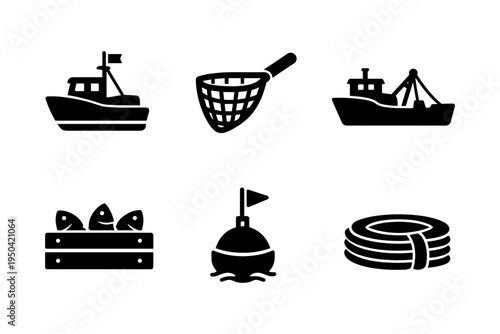 Fishing industry marine icon set solid black vector illustration