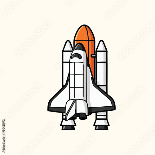 A cartoon depiction of a space shuttle ready for launch with its orange booster, outlined in black, against a neutral background