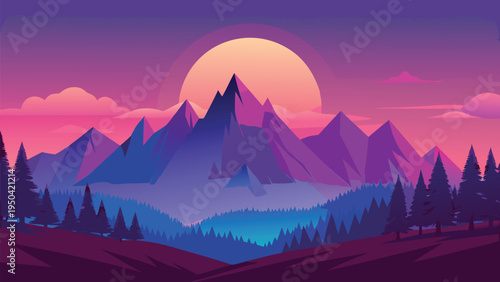 A serene flat vector illustration featuring a majestic mountain range at a beautiful purple sunset