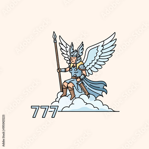 A cartoon female figure with wings, spear, helmet and sword, floating on clouds. A 777 number is at the image corner