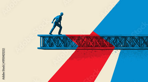 A figure walks along a bridge, abstract colors overlap below. Minimalist, symbolic art piece