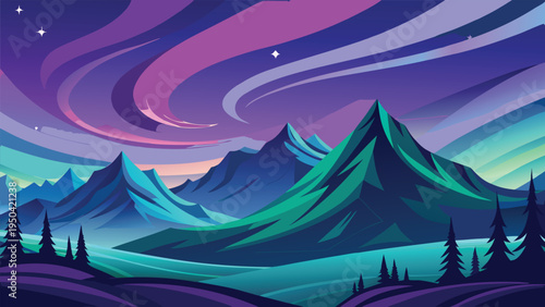A vibrant digital illustration of majestic mountain peaks under a swirling purple night sky