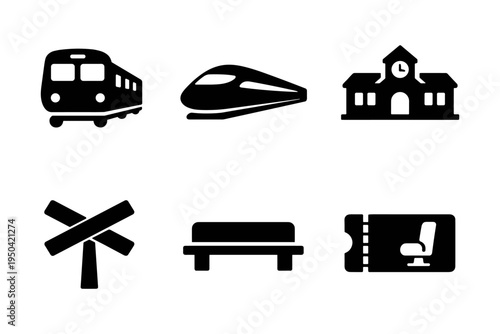 Railway transport station icon set solid black vector illustration