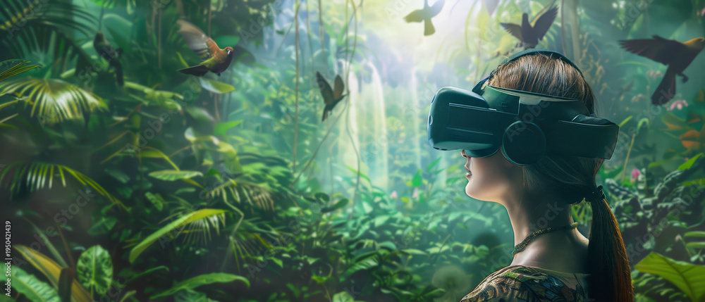 Obraz premium A woman wearing a VR headset is immersed in a lush virtual jungle environment. She sits in a chair surrounded by vibrant tropical plants, colorful birds, and a majestic waterfall