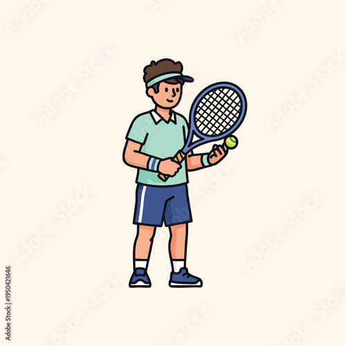 A cartoon figure of a tennis player in teal shirt and navy shorts, holding a racket and ball, ready to serve on a cream background