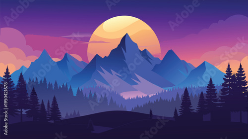 A serene flat vector illustration of majestic blue mountains under a large glowing golden sunset