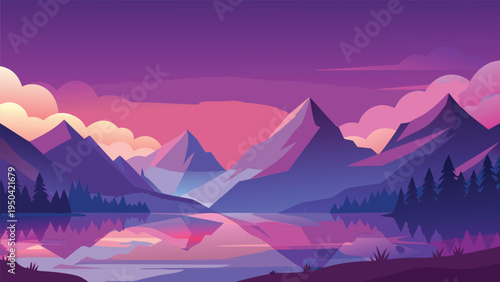 A serene landscape featuring purple mountain peaks reflecting beautifully over a calm quiet lake