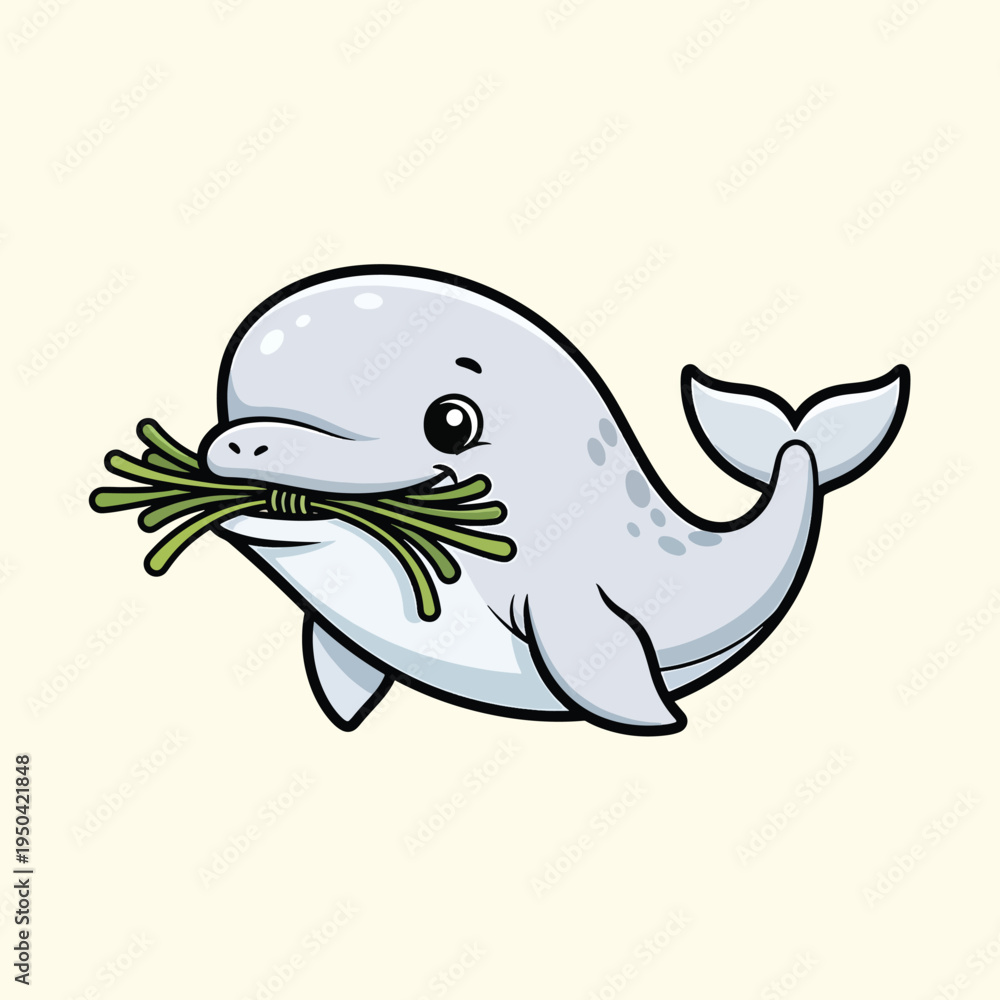 Obraz premium A cartoon depiction of a charming, smiling, light-gray cetacean, holding green vegetation in its mouth on an off-white background. The creature has black outline