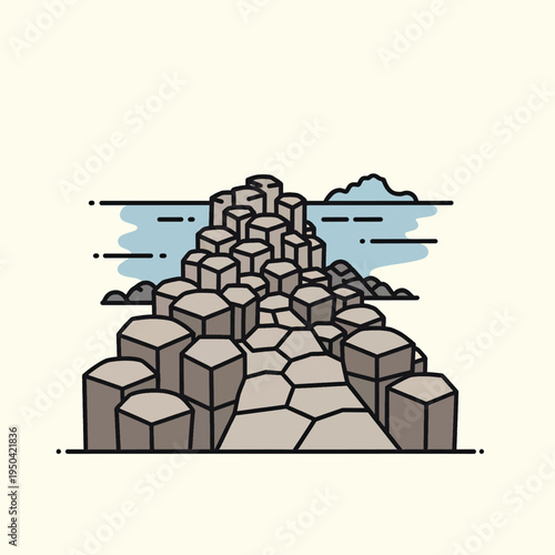A cartoon illustration depicts a group of geometric rock formations with a path leading to a body of water.  Some small land formations appear in the back