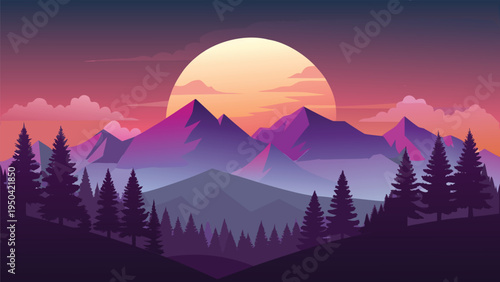 A serene flat vector illustration of majestic mountain peaks under a glowing golden sunset sky