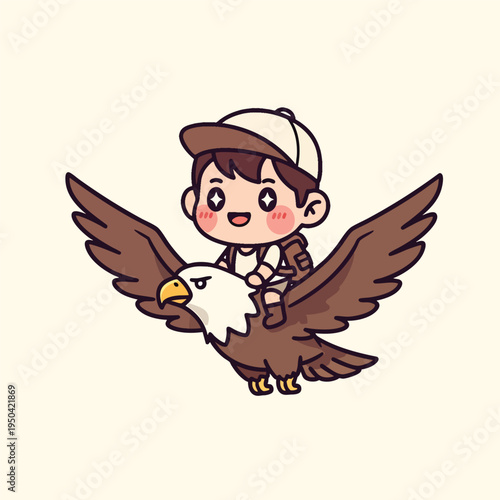 A cartoon depiction of a child with rosy cheeks, wearing a cap and backpack, joyfully rides an eagle. The eagle has outstretched wings
