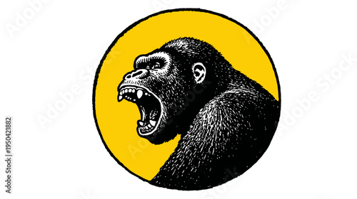 A roaring primate illustration against a vibrant yellow circle within a stark white background