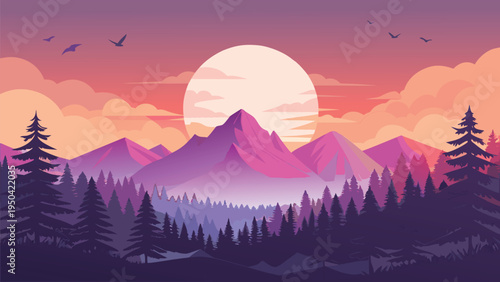 A serene mountain landscape featuring a vibrant sunset with silhouettes of pine trees and birds