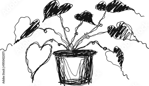 Minimalistic hand drawn potted plant with heart shaped leaves, artistic abstract sketch