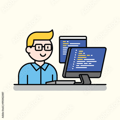A cartoon depicts a person wearing glasses and a blue shirt, smiling at the viewer while coding on a computer with two monitors