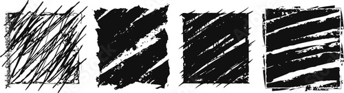 Set of four hand drawn black square scribbles with rough textured diagonal strokes and sketchy lines