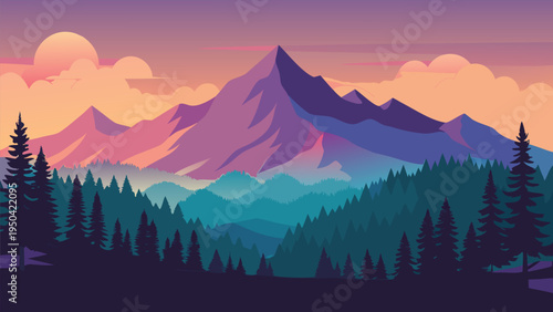 A serene vector illustration of a majestic mountain range during a colorful and vibrant sunset sky