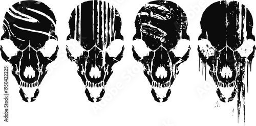 Four grunge skull silhouettes with abstract paint and barcode stripe patterns on white background