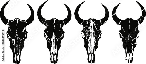 buffalo skull silhouettes with cracks and horns set of four dark animal skull illustrations