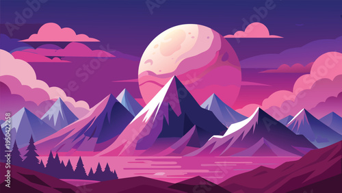 A vibrant digital illustration of purple mountains beneath a large glowing moon in a cloudy sky