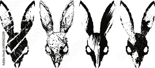 grunge animal skull illustrations with long ears and abstract textures