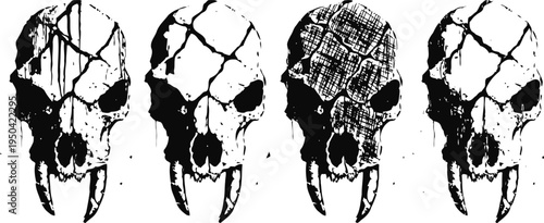 set of four black and white skull designs with fang teeth, grunge textures, and distressed effects